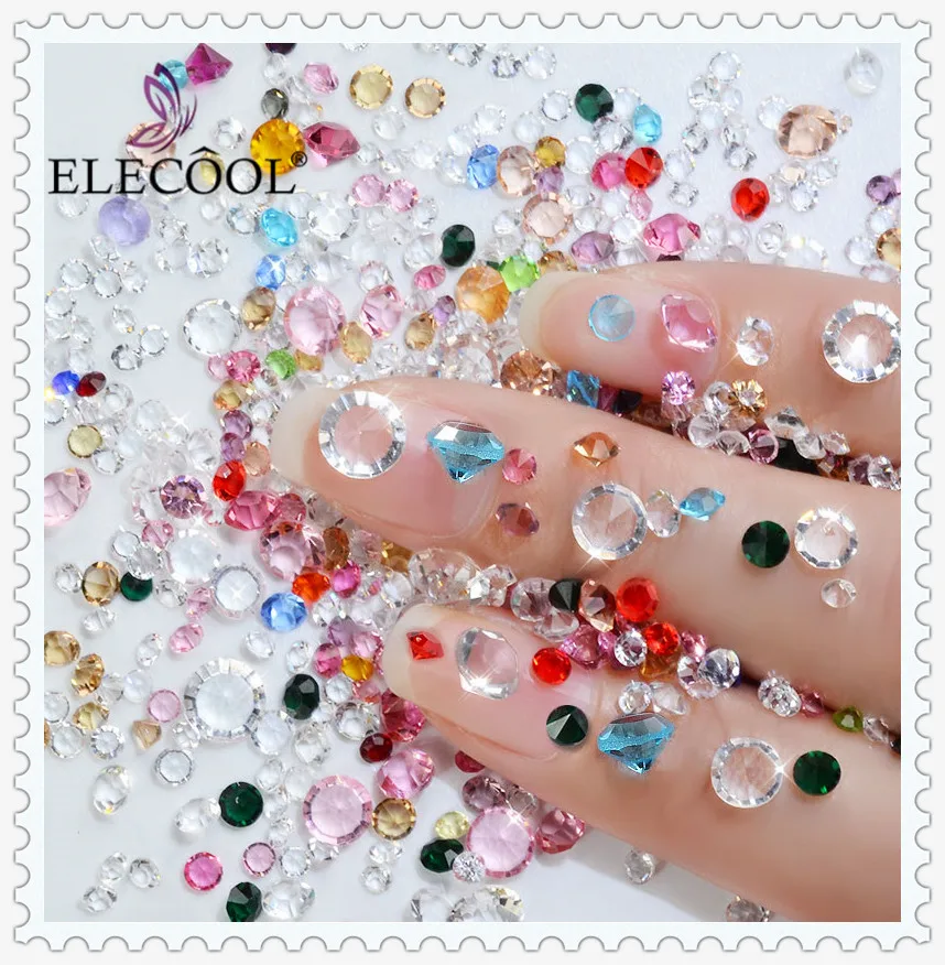 

ELECOOL 2/1Bag Nail Rhinestones Colorful Nail Crystal Mixed Size Nail Studs Manicure Nail Art Decorations + Wax Diamond Pen