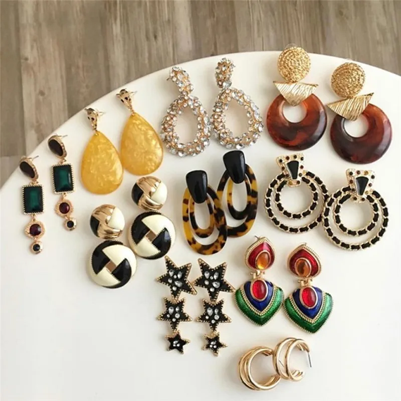  Fashion Exaggerated Geometric Ear Stud Star Heart Triangle Circle Square Pearl Dangle Gold Pantherine Colorful | Украшения и