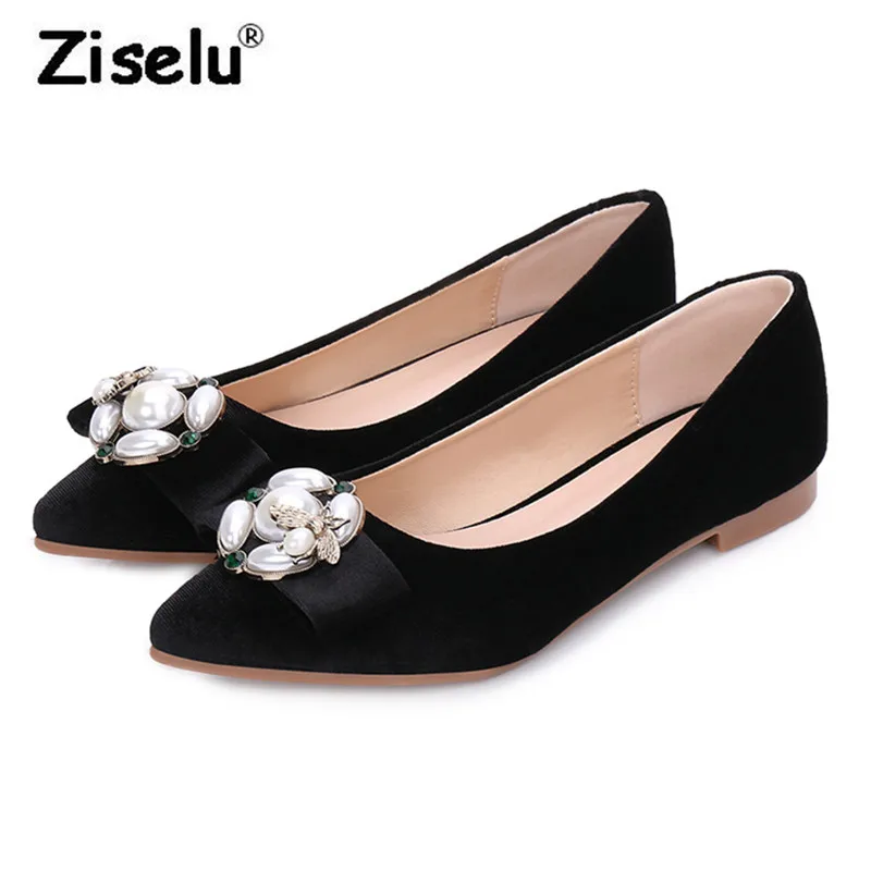 

2018 Summer New Luxury Velvet Pointed Toe Women Flats Vintage Pearl Bow Knot Fashion Office Lady Shoes Big Size 43 Leisure Shoes