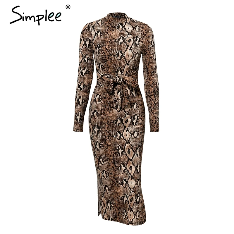 Длинное платье Simplee на осень-зиму, с леопардовым принтом, пикантное облегающее элегантное вечернее эластичное платье с длинным рукавом и поясом - Цвет: Leopard