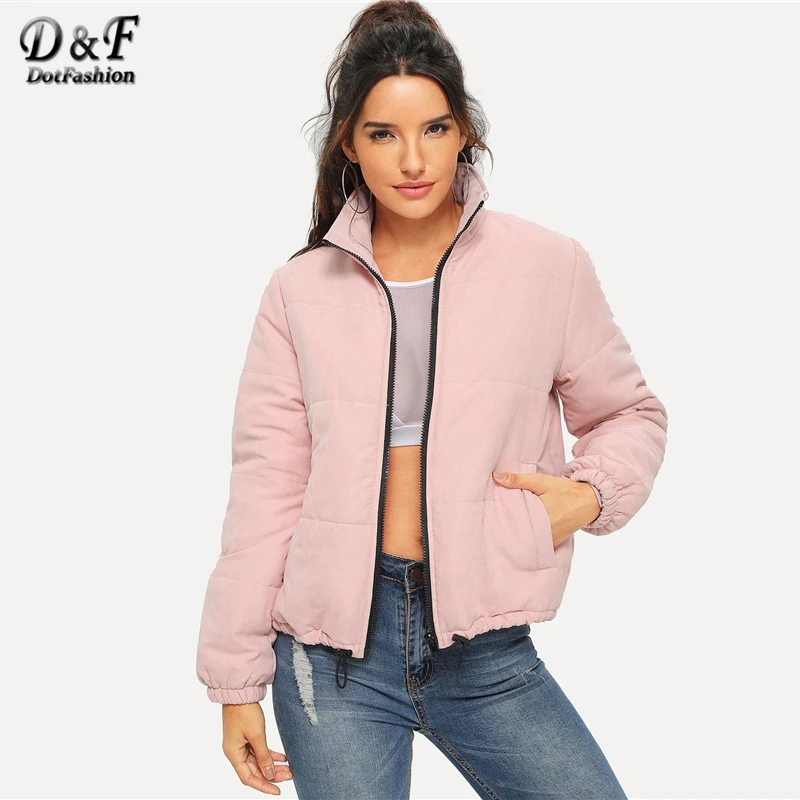 

Dotfashion Pink Pocket Zip Front Puffer Jacket Women Coats And Jackets Casual Winter 2019 Clothing High Neck Clothes Outerwear