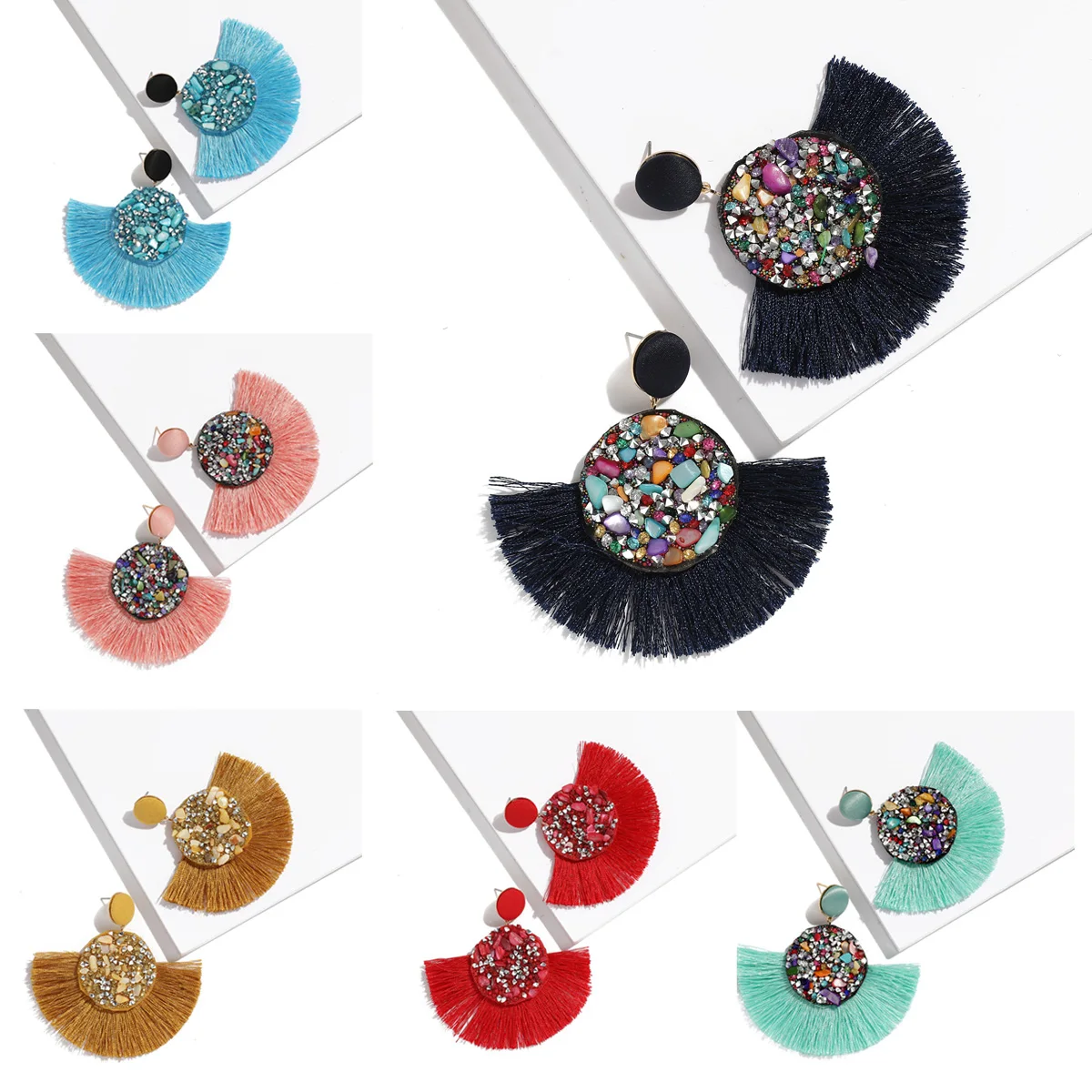 

CUTE Tassel Earrings Bohemian Colors Crystal Stone Statement Luxury Dangle Earrings Geometric Fringe Pendientes Oorbellen Women