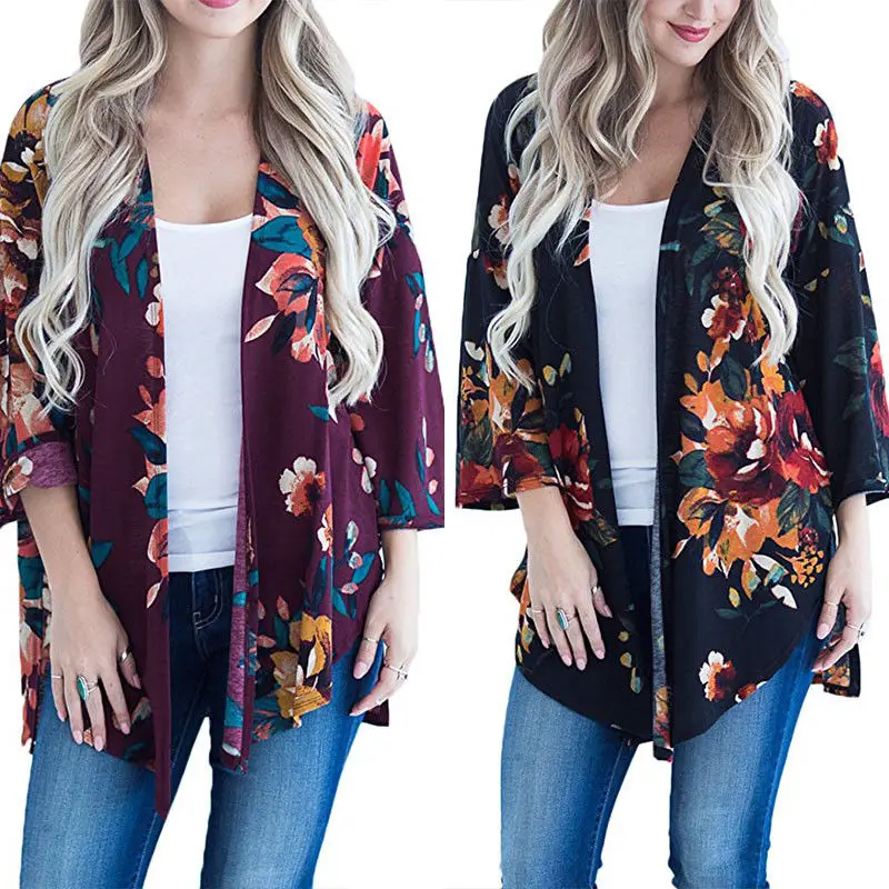 

2018 New Style Fashion Autumn Women Floral Print Chiffon Loose Shawl Kimono Cardigan Top Long Sleeve Blouse
