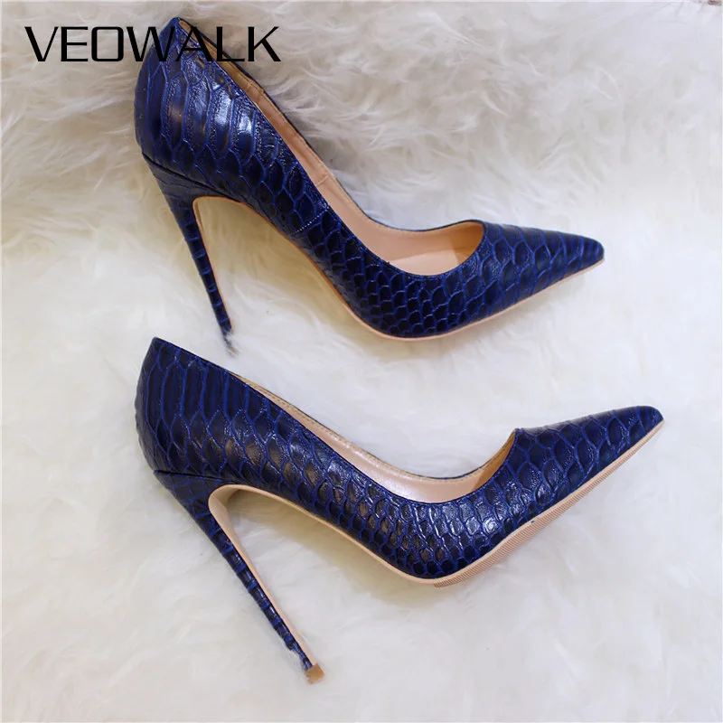 Veowalk Sexy Women Snake Skin Embossed High Heel Shoes Italian Style Navy Blue Fashion Ladies Extremely High Stilettos Pumps