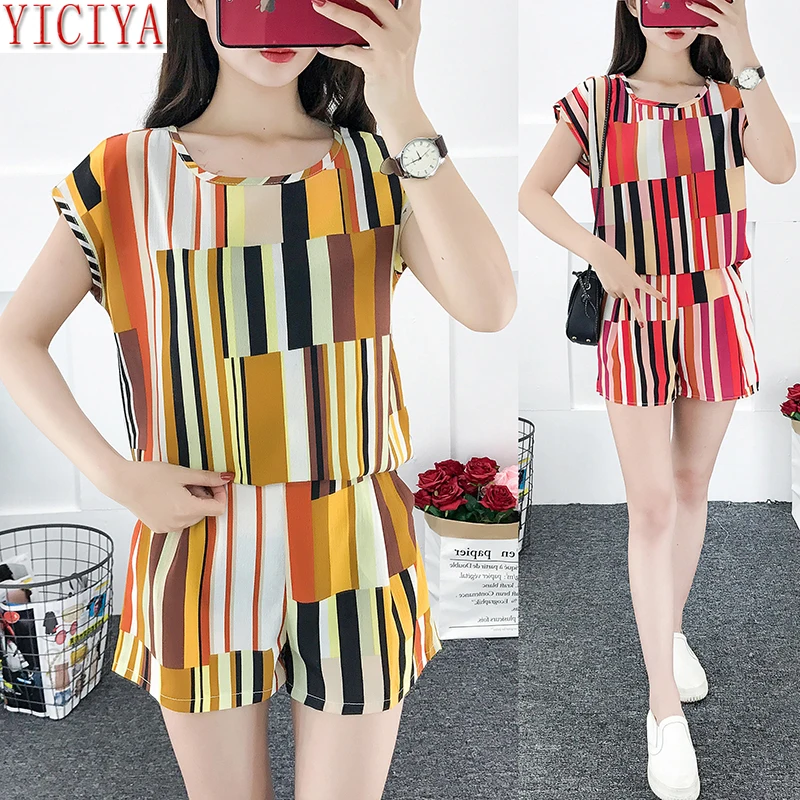 

Tracksuits for Women Striped Chiffon Short Pant and Top 2 Piece Sets Womens Outfits 2019 Summer Plus Size Large Blue Clothing