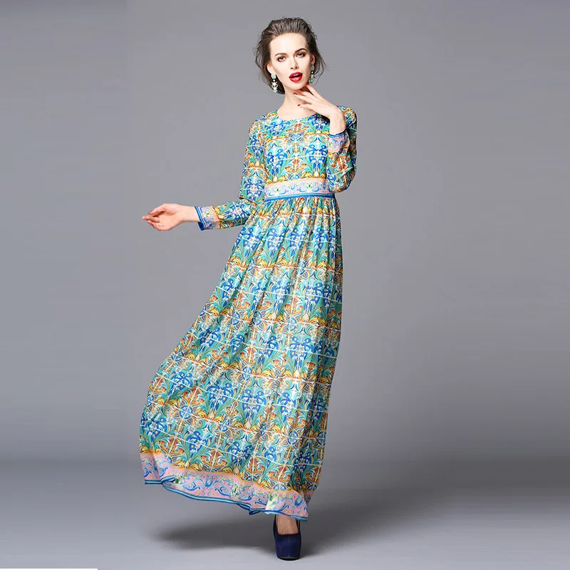 Vintage Dress New 2016 Early Spring New Fashion Women Blue Full Sleeve