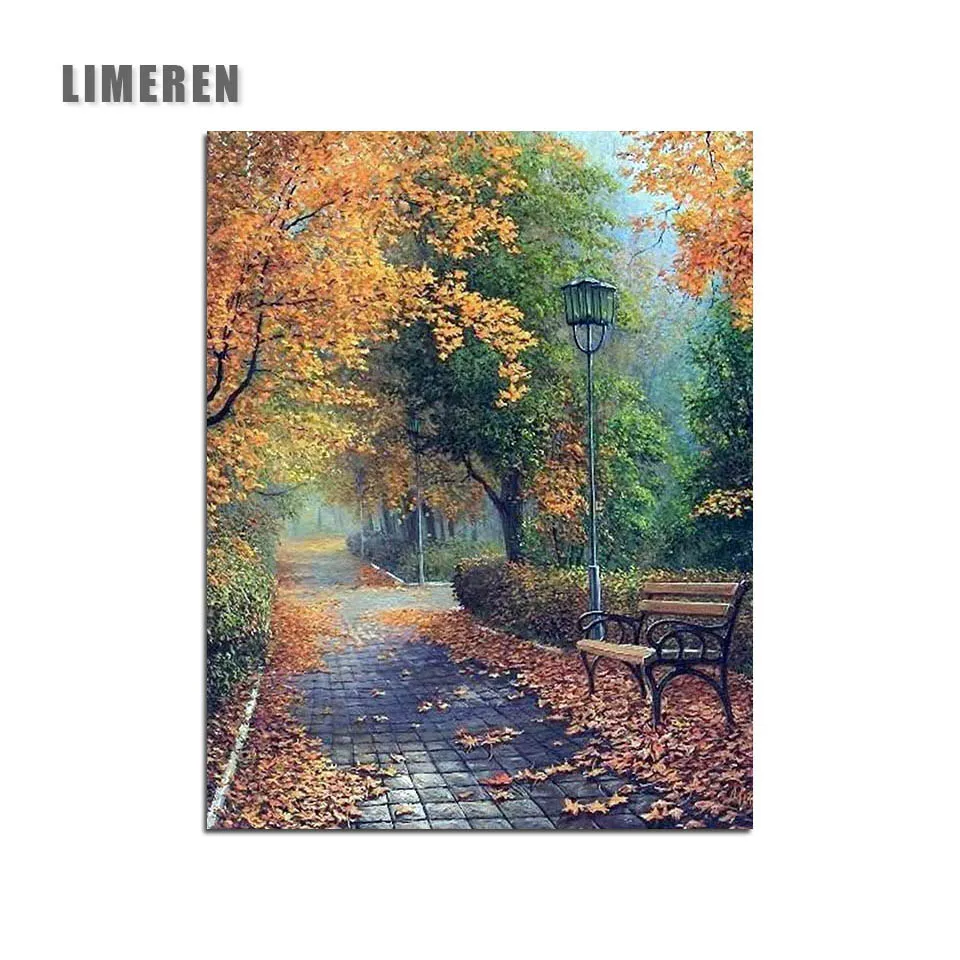

Unframed Trail Bench Fallen Leaves Painting By Numbers Lamp Post Autumn Tree Leaves Coloring By Numbers