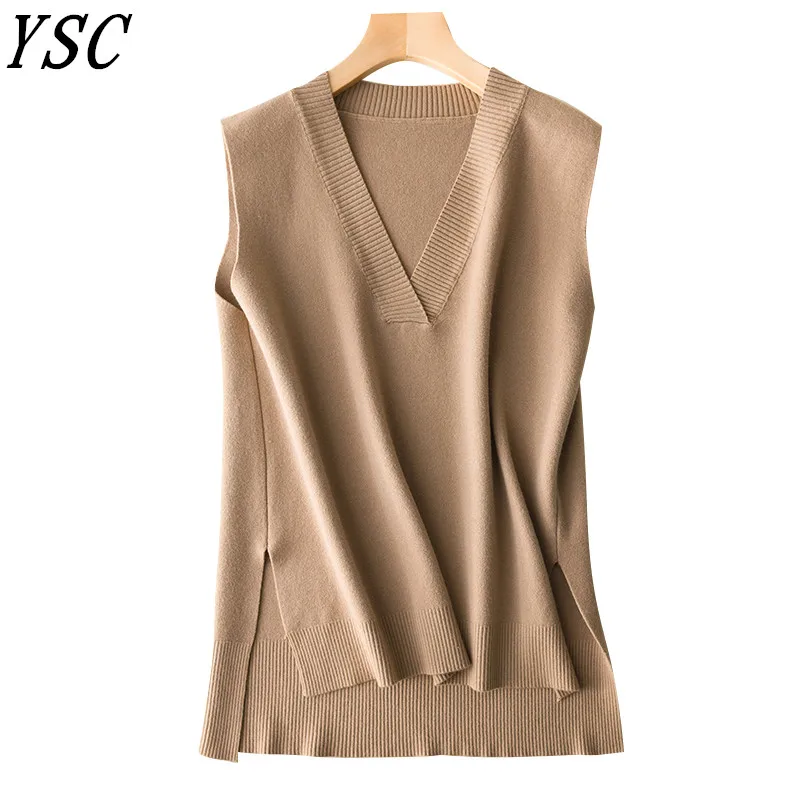 

2019 spring Ladies knitting cashmere wool vest Pure color V collar back split hedge free high quality Loose style free shipping