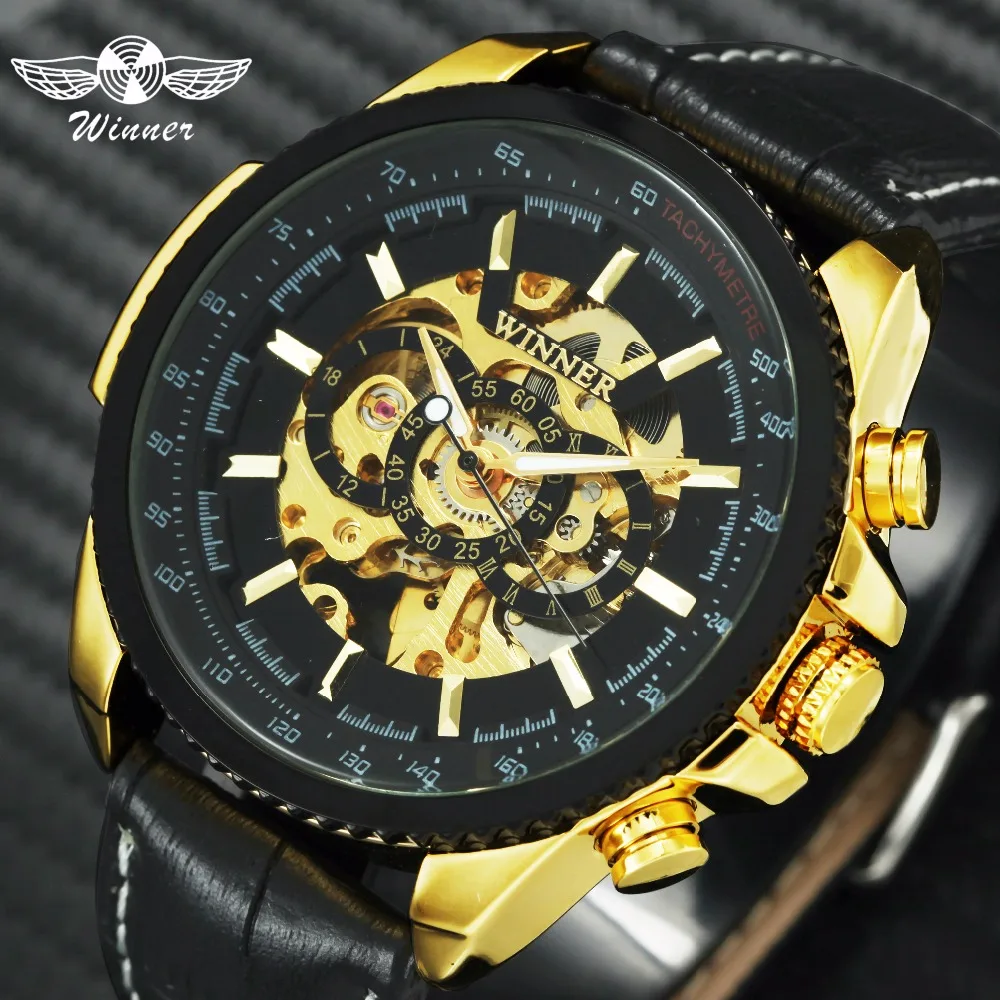 

WINNER Official Sports Watch Men Automatic Mechanical Skeleton Dial Leather Strap Fashion Casual Mens Watches Top Brand Luxury