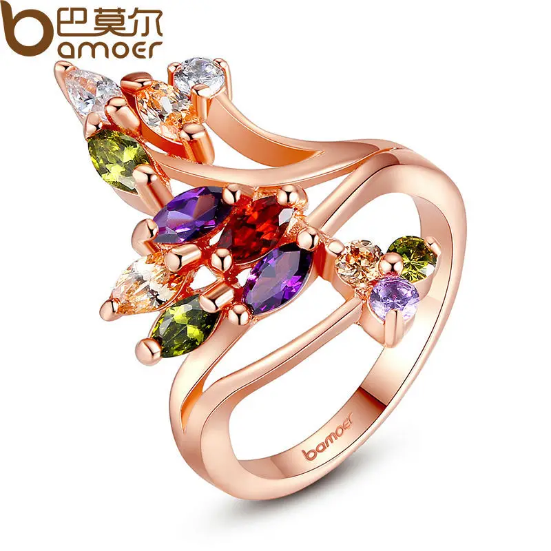 

BAMOER High Quality Gold Color Finger Ring for Women Party with AAA Colorful Cubic Zircon Famous Brand Jewelry JIR048