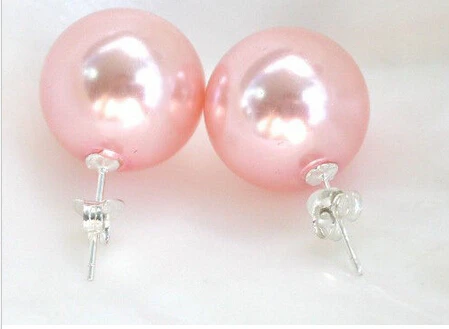

Women's Wedding big 12mm round pink sea shell pearls earrings real earrings silver jewelry Gift word Well temperament noble