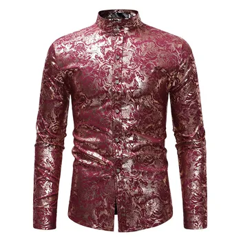 

Mens Wine Red Bronzing Print Shirts 2019 Luxury Brand Long Sleeve Shirt Men Slim Fit Business Casual Social Shirt Camisa Hombre