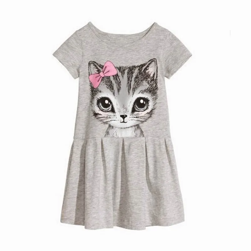 

baby girls dress new 2018 summer girl dress cat print grey baby girl dress children clothing children dress 2-9years