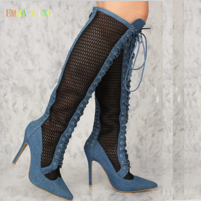 

2019 Mesh Patchwork Back Zip Women Over Knee Boots Pointed Toe Stilettos Sexy Shoes Woman Front Lace-Up High Heels Long Booties