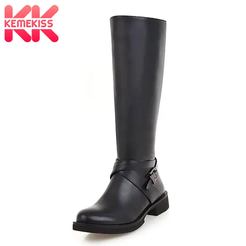 

KemeKiss Plus Size 33-46 Women Flats Boots Metal Buckle Fur Winter Knee Boots Fashion Concise Zipper Shoes Woman Footwear