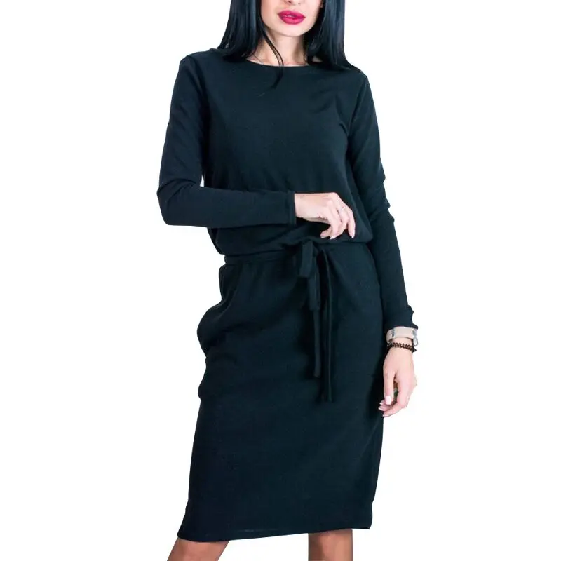 

New Fashion Autumn Winter Women Dress O-neck Long Sleeve Loose Knee Length Dress Solid Casual Dresses Mujer Robe Female LX364