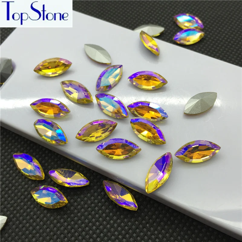 

Topaz AB Color Glass Crystal Navette Rhinestone 10X5,15x4,18x9,15x7,27x13,32x17,35x10,48x13mm Pointed Back Marquise Stone Making