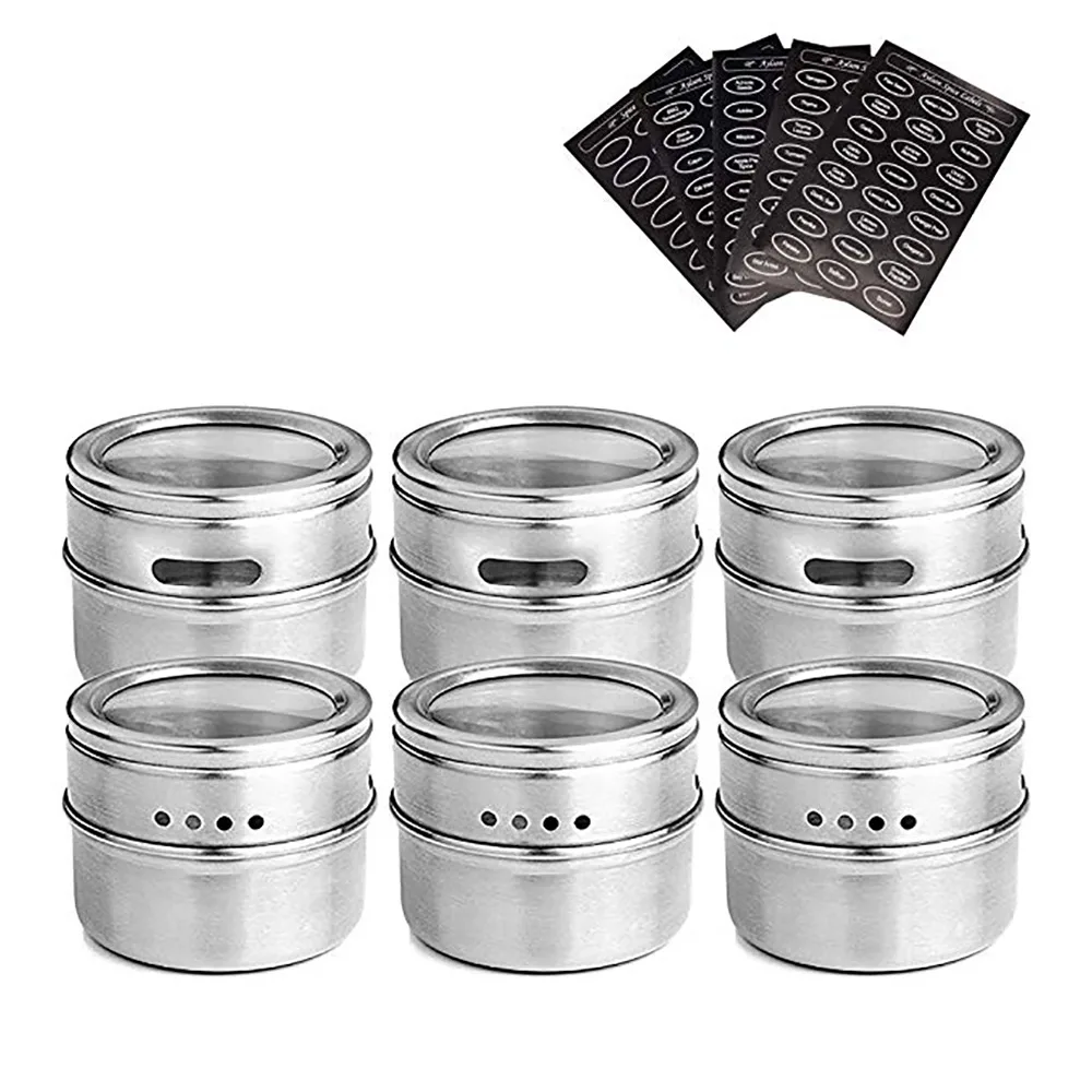 

6pcs/set Spice Jar Set Magnetic Stainless Steel Spice Jars Set Steel Pepper Shakers Seasoning Sprays Pot with 5 Label Stickers