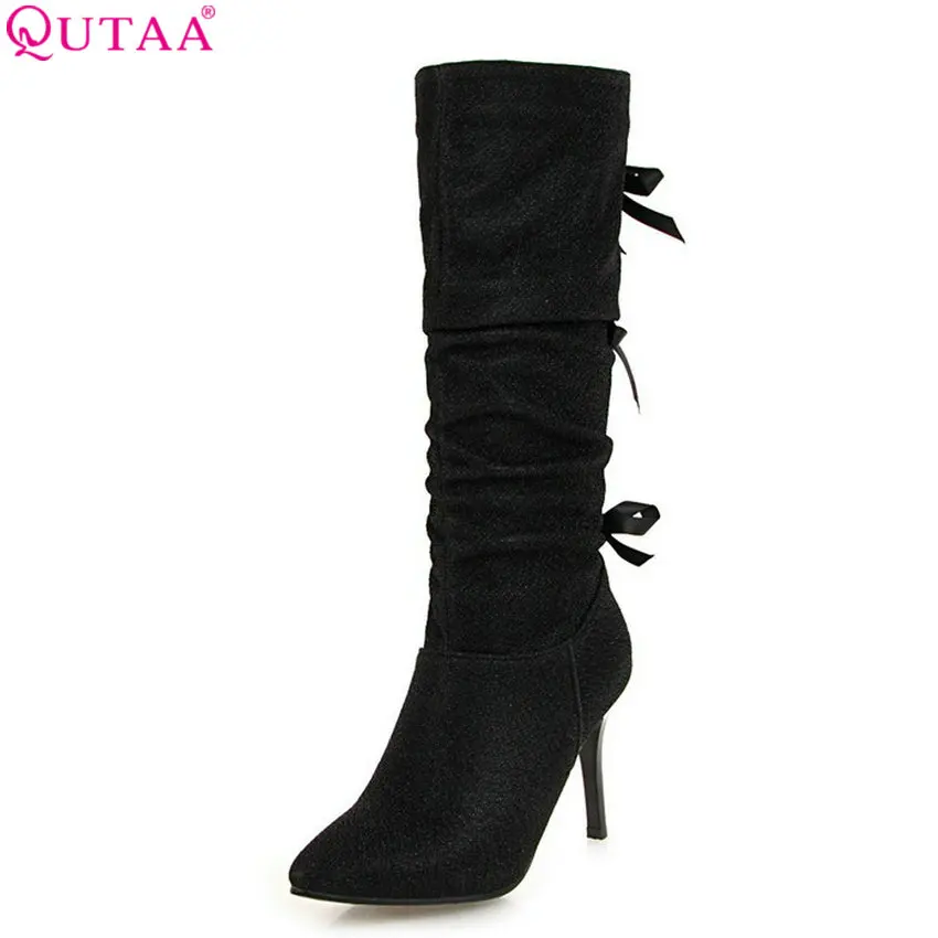 

QUTAA 2019 Women Knee High Boots All Match Platform Pointed Toe Thin High Heel Flock Winter Boots Women Boots Big Size 34-43