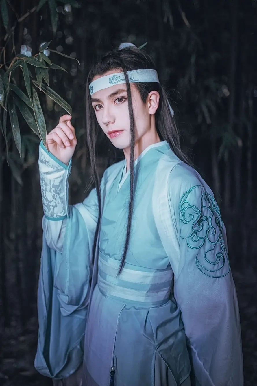 Lan Wangji белый синий костюм с вышивкой мужской косплей Hanfu для аниме основатель диаболизма Древний китайский учёный Hanfu