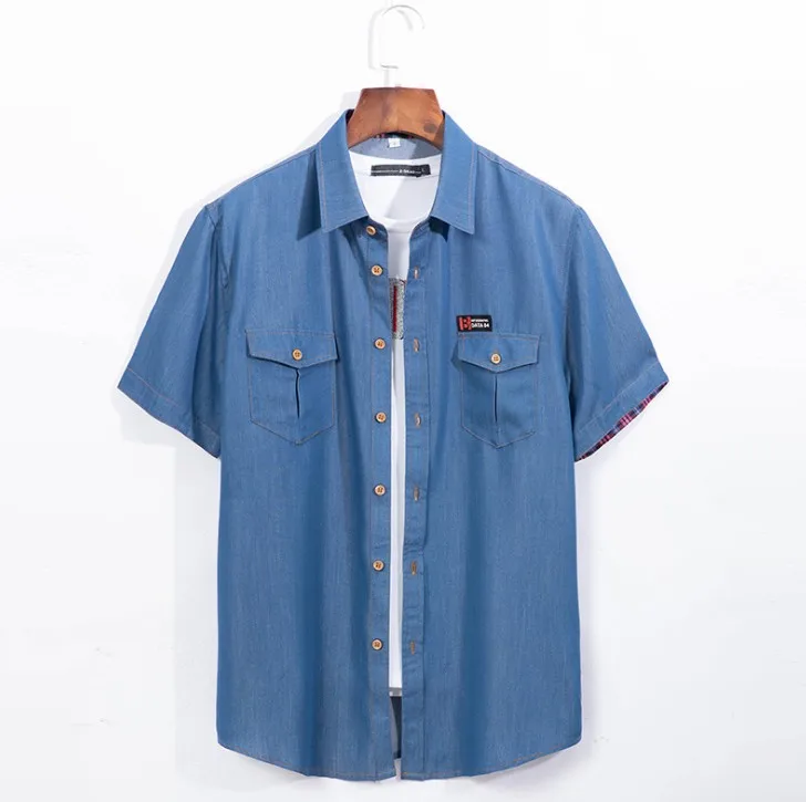 dark blue Большие размеры 5xl 6xl джинсовая рубашка мужская с коротким рукавом повседневные свободные хлопковые джинсовые рубашки тонкие летние высокого качества chemise homme Xl5046 - Цвет: dark blue