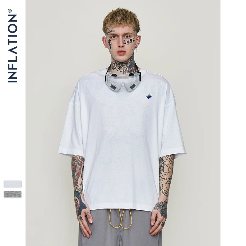 

INFLATION Drop Shoulder Back Folds Design o-neck casual loose t-shirt dress brand clothing high street top tees 8279S