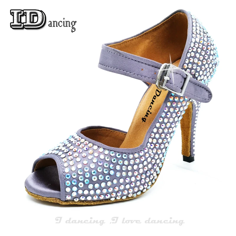 

Dance Heels Ballroom Shoes Girls Rhinestone Latin Dance Shoes Purple Sneakers Ladies Square ChaCha Party Shoes IDancing