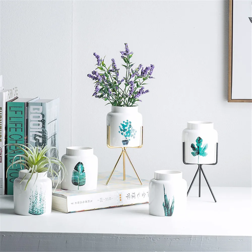 

Nordic Chic Storage Jars with Gold Black Frame Pencil Holder Green Plants Pattern Ceramic Floral Machine Flower Vase Storage Jar