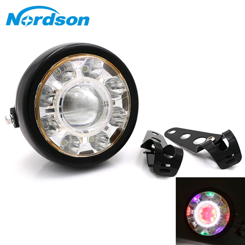 

Nordson 12v Universal Motorcycle Headlight Round LED Far Near Indicators For Harley and Bracket