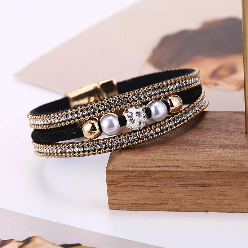 HOCOLE винтажный Многослойный кожаный браслет с бусинами для женщин Шарм многослойный из бусин горный хрусталь браслет браслеты женские модные ювелирные изделия - Metal Color: Black Bracelet
