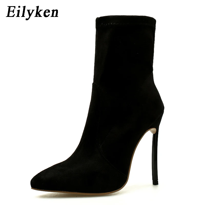 Eilyken/ г.; осенне-зимние женские ботинки; модная обувь на высоком каблуке с острым носком из эластичной ткани; ботинки «Челси»; женская обувь; Sapatos; размер 42 - Цвет: Black