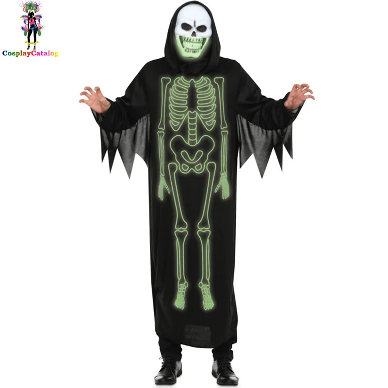 Хэллоуин человек призрак костюмы Блуждающие души Косплэй костюм темно-зеленый свет Скелет Отпечатано партия Косплэй карнавальный костюм
