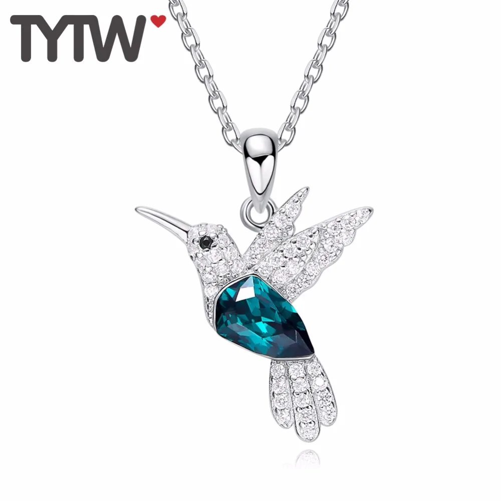 

TYTW Crystals From Austrian S925 Sterling Silver flower crystal statement necklace Bird Green Rhinestone Women Pendant choker