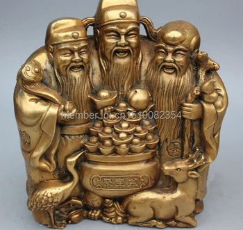 

11" Marked Chinese Bronze Wealth Yuanbao Fu Lu Shou Hold Ruyi Deer Crane Statue