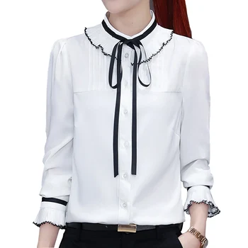 

New Fashion Lady White Chiffon Shirts Size S-2XL Black Lace Patchwork Design Women Casual Long Sleeve Blouses Wear