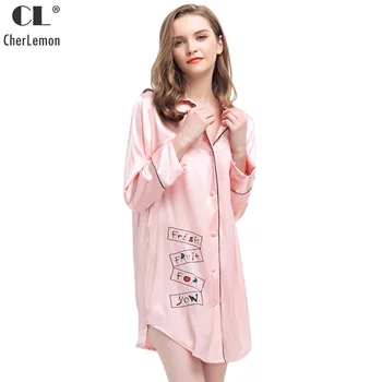 

CherLemon Women Silky Satin Long Sleeve Nightshirt Boyfriend Button-Down Sleepshirt Female Summer Mid-Long Nightgown 3 colors