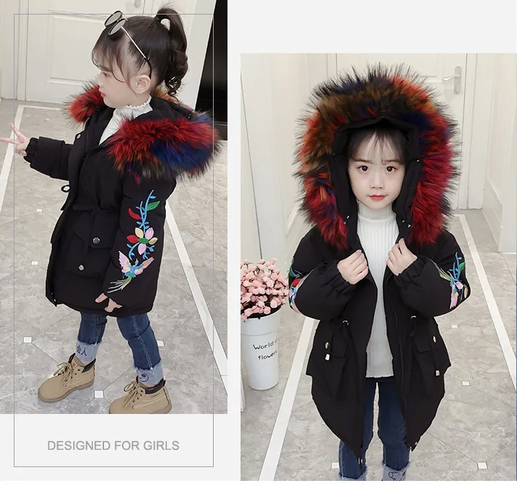Новая зимняя куртка-парка для девочек детское пальто на молнии с капюшоном для девочек стеганая куртка детская верхняя одежда с вышивкой RT253