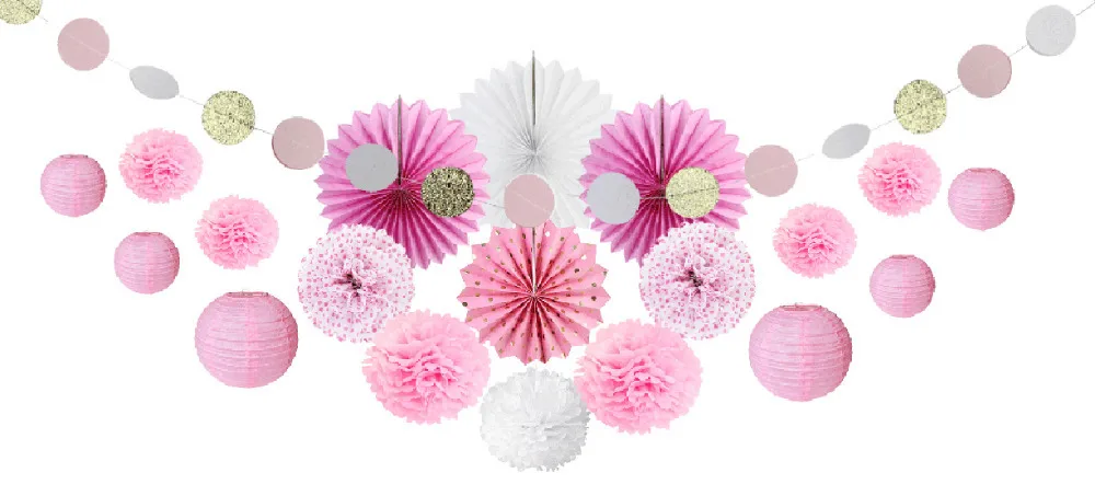

20pcs/set Pink Party Decoration Kit Circle Garland Paper Fans Lanterns Pom Poms for Wedding Princess Birthday Party Showers