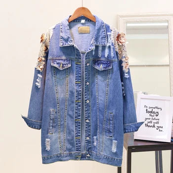 

2018 Autumn New Fashion Jean Jacket Womans Embroidery Beads Sequins Denim Coat Outwear Female Loose Hole Jeans Jackets Feminino