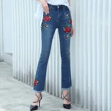 Новинка Осень Стрейч вышитые джинсы для женщин эластичный цветок джинсы женские узкие джинсовые штаны брюки клеш 9515