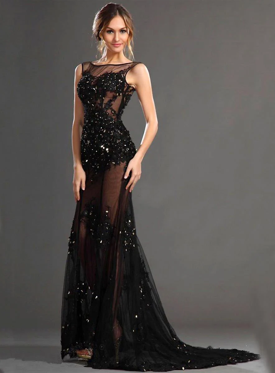 Black Lace Appliques Shiny Crystal Mermaid Evening Dress 2017Exquisite