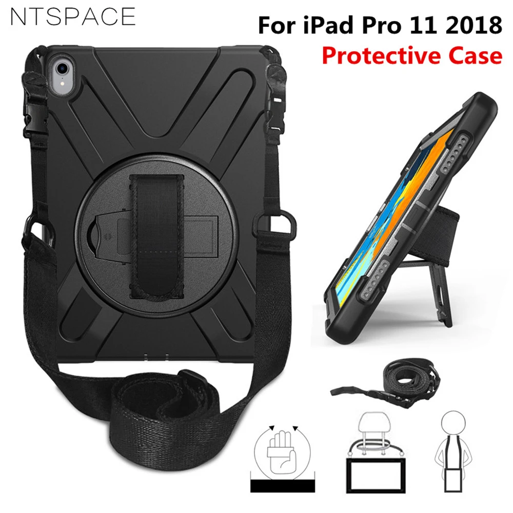 

For New iPad Pro 11 2018 A1980 Tablet Kids Safe Shockproof Heavy Duty Silicone+PC Kickstand Tablet Case Wrist & Shoulder Strap