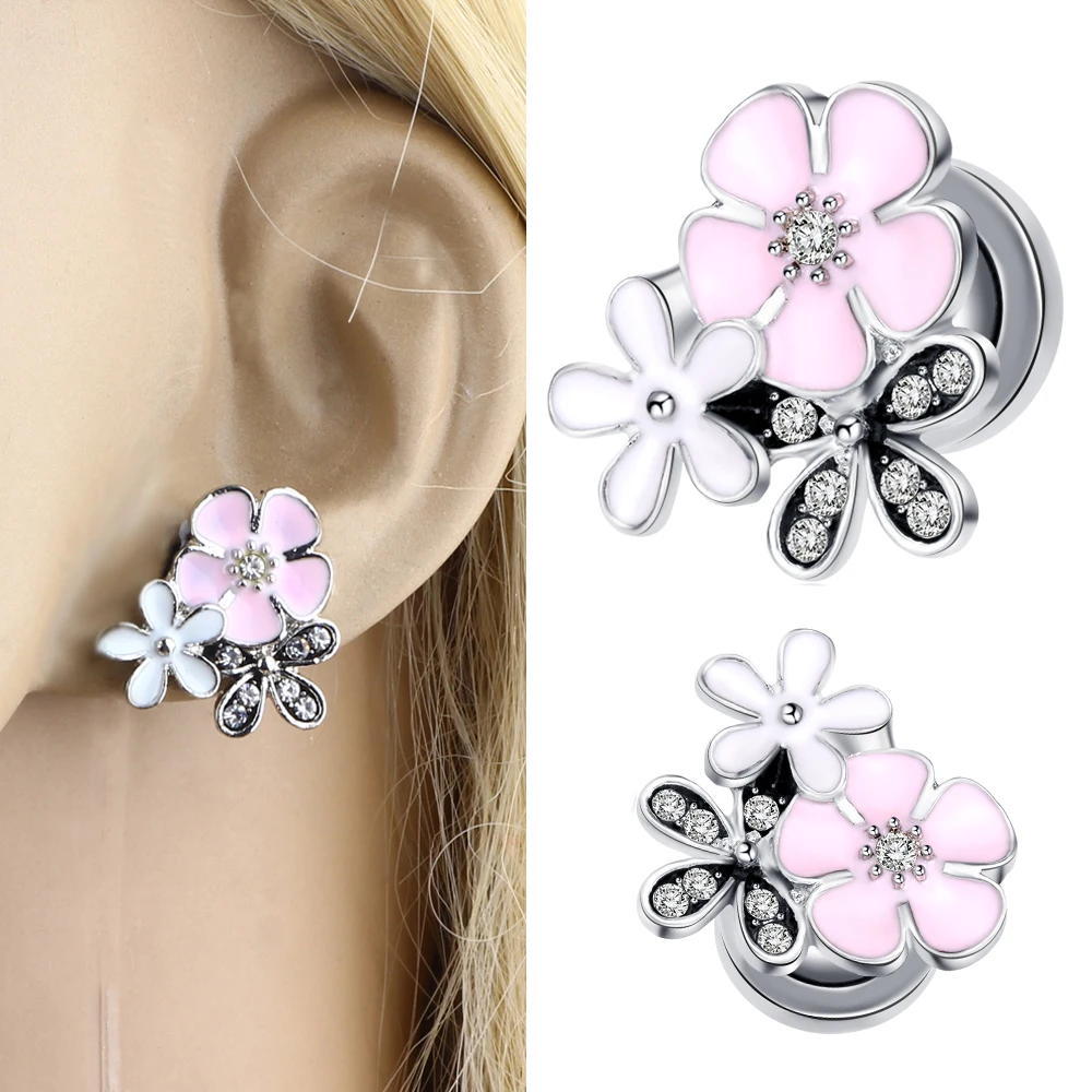 JUNLOWPY 1 Pair Pink Romantic Flower Ear Tunnels Stainless Steel Screw