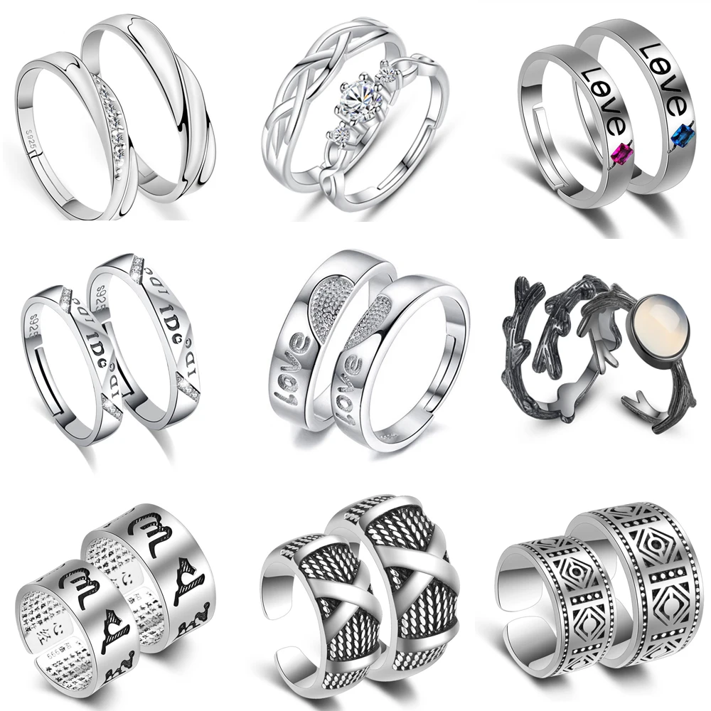 

1 Set New Romantic Open Lover Ring Couple Crystal Opal Stone Ring For Women Men Gift 2018 New Silver Jewelry Wholesale