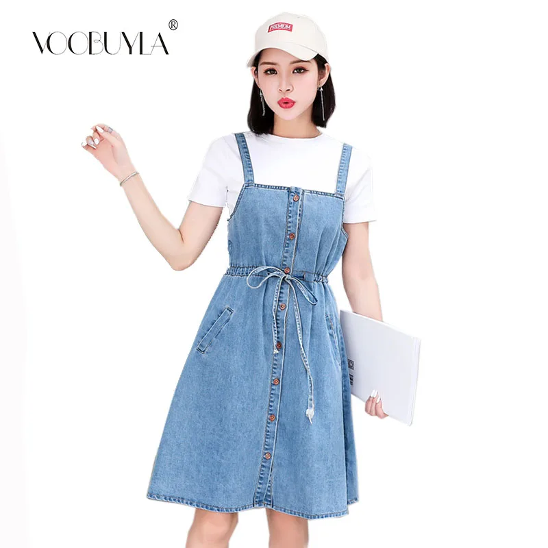 

Voobuyla Spaghetti Strap Jeans Dress Women Single Button High Waist Denim Casual Dress Fashion Sashes Slim Preppy Mini Vestidos