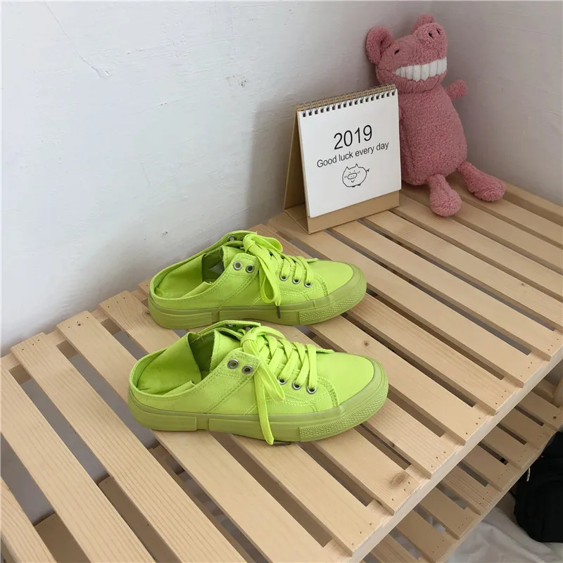 women canvas shoes fluorescent green girls pink sneakers cloth shoe spring autumn solid color lace up low up white trainer 35-40