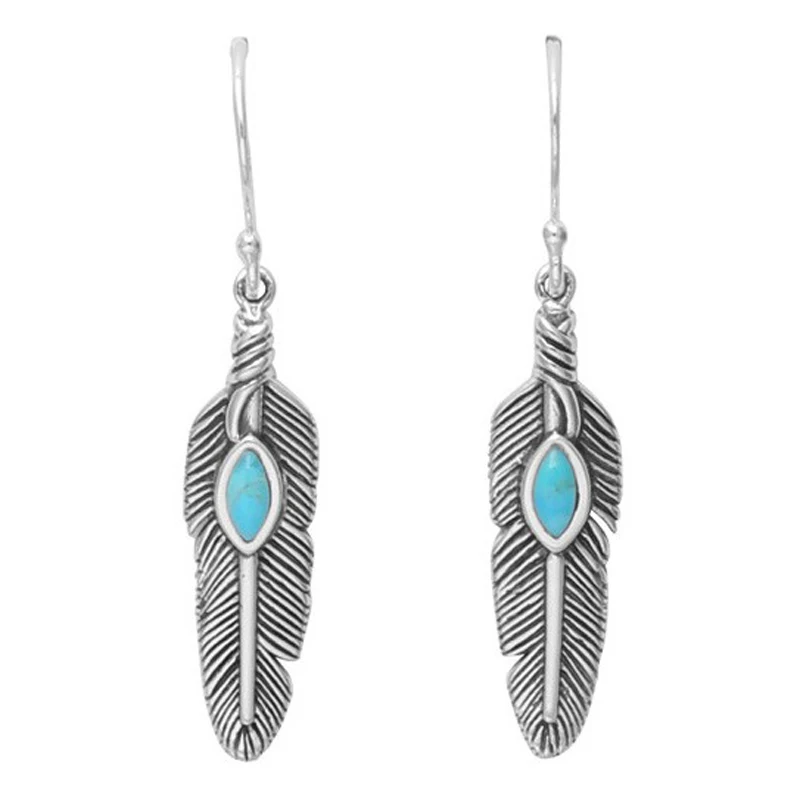 Retro Tribal Ethnic Natural Stone Feather Eardrop Dangle Drop Earring Antique Silver Leaves Long Earring Charm Wedding Jewelry