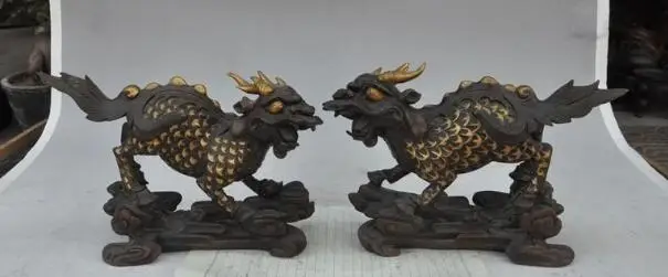 

S02124 10"china fengshui bronze gilt evil spirit Kirin Unicorn Kylin beast statue pair B0403