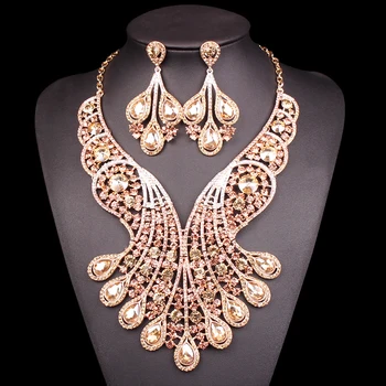 

Big Crystal Bridal Jewelry Sets Wedding Costume Jewelry Indian Necklace Sets For Brides Gold Color Jewellery Earrings For Women