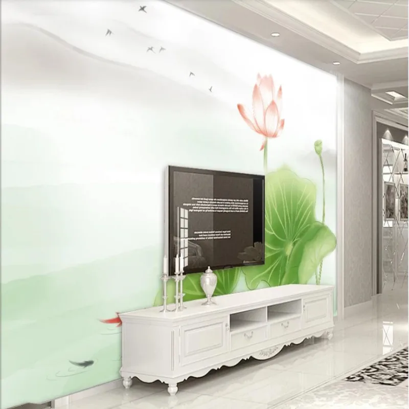 

Factory direct new simple Zen hand-painted lotus lotus pond moonlight background wall decorative painting